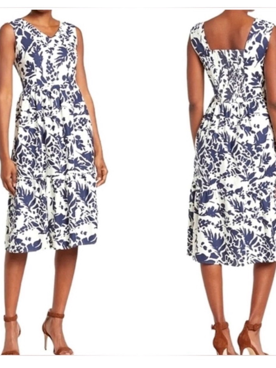 Magaschoni Navy & White Sleeveless V-Neck Tiered Midi Dress